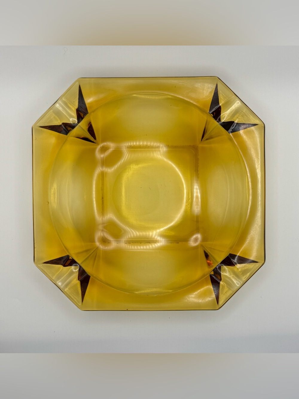 Vintage 1970s Amber Glass Ashtray Large Geometric MCM Square Octagonal